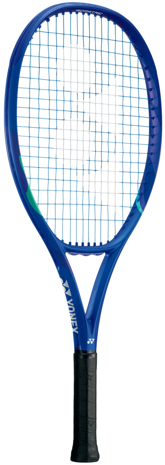 The Yonex EZONE 25 Junior Graphite 2025 Tennis Racket in Blast Blue features white and green accents, a black grip handle, and blue strings, displayed against a white background.