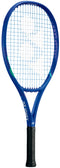 The Yonex EZONE 25 Junior Graphite 2025 Tennis Racket in Blast Blue features white and green accents, a black grip handle, and blue strings, displayed against a white background.