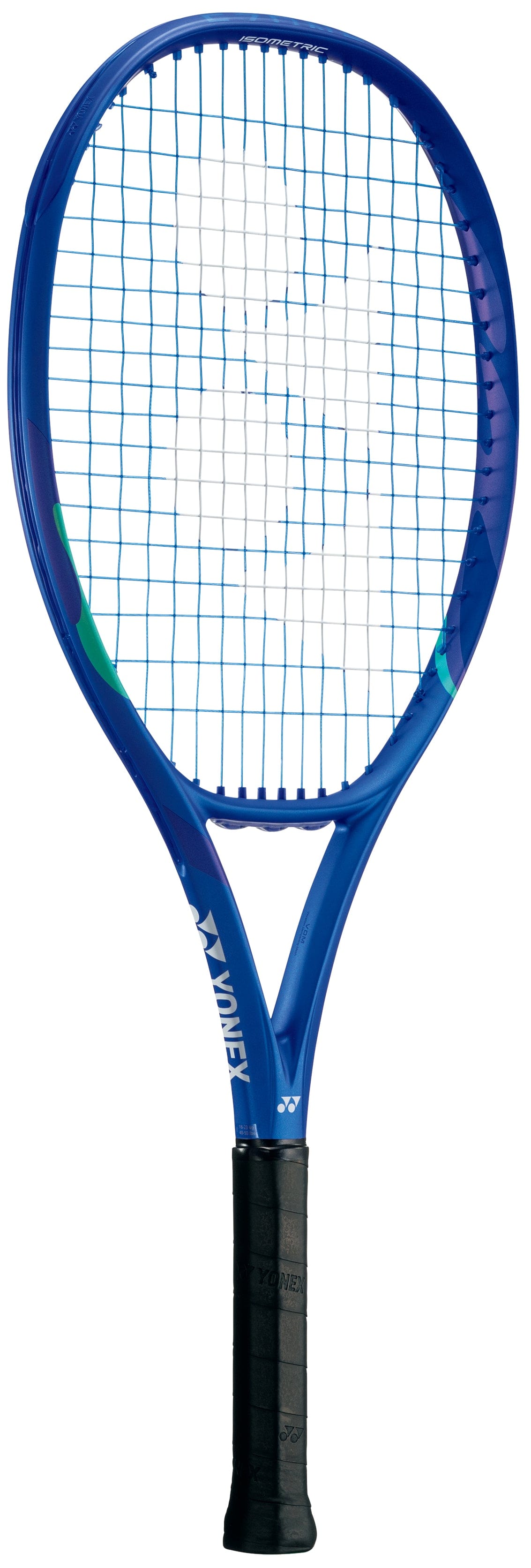 The Yonex EZONE 26 Junior Graphite 2025 Tennis Racket in Blast Blue is shown vertically with a black grip and white strings against a white background.