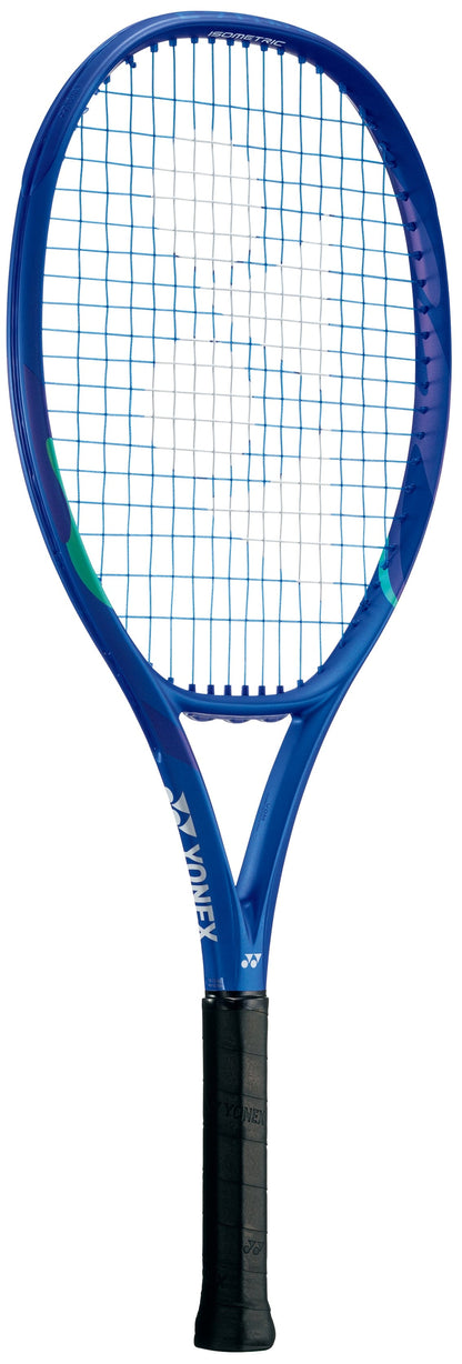 The Yonex EZONE 26 Junior Graphite 2025 Tennis Racket in Blast Blue is shown vertically with a black grip and white strings against a white background.