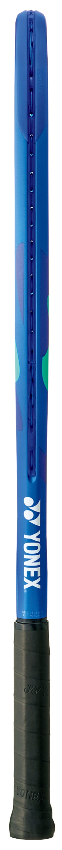 The Yonex EZONE 26 Junior Graphite 2025 Tennis Racket in Blast Blue stands vertically, with a black grip at the base and white Yonex branding near the handle.