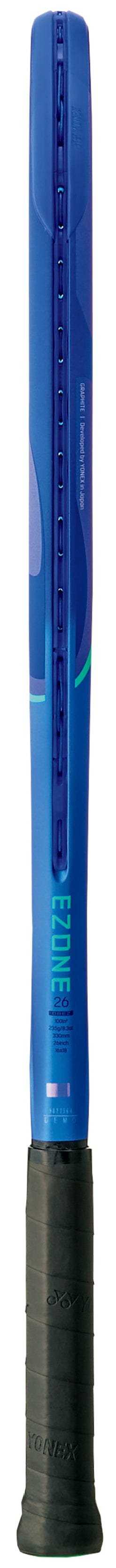 A close-up of the Yonex EZONE 26 Junior Graphite 2025 Tennis Racket in Blast Blue displays its side profile from handle to head, featuring a black grip and sleek design by Yonex.