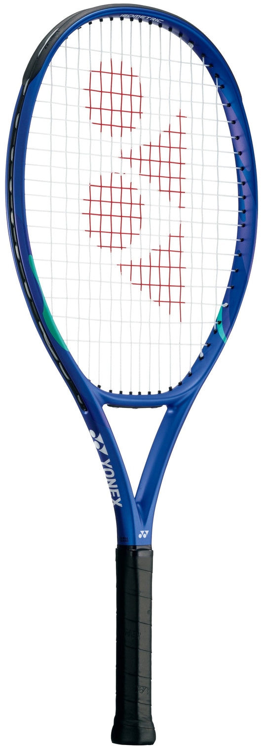 The Yonex EZONE 25 Junior Hybrid 2025 Tennis Racket in Blast Blue, featuring white strings, a black grip, and red string design, is displayed against a white background.