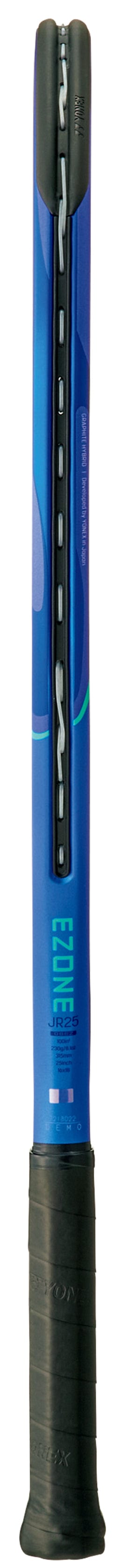 A close-up of the handle and throat of the Yonex EZONE 25 Junior Hybrid 2025 Tennis Racket in Blast Blue, showing its strings and grip.