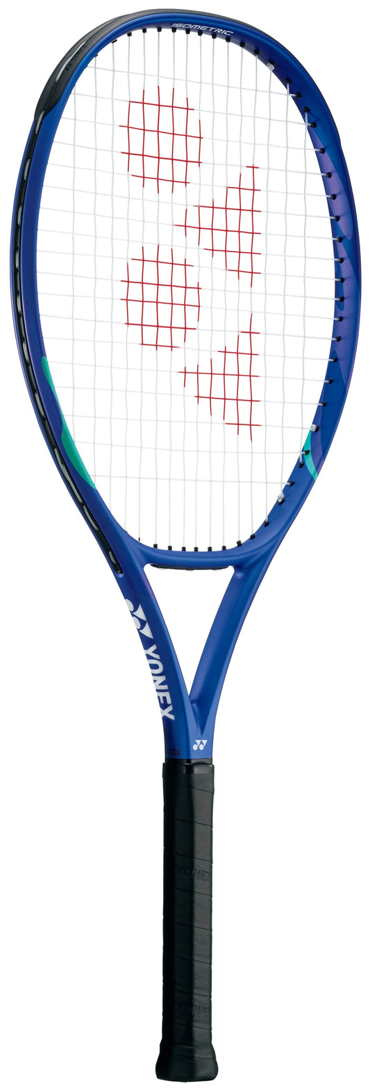 The Yonex EZONE 26 Junior Hybrid 2025 Tennis Racket in Blast Blue features a black handle grip and red logo design on its white strings, shown against a white background.