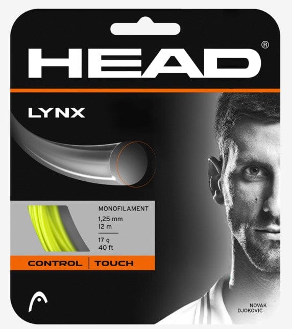 Packaging for Tennis HQ's Choose Strings tennis string features a black-and-white image of a male athlete on the right. The packaging highlights the string as monofilament, 1.25 mm, 12m, with attributes "Control" and "Touch." The string is yellow.