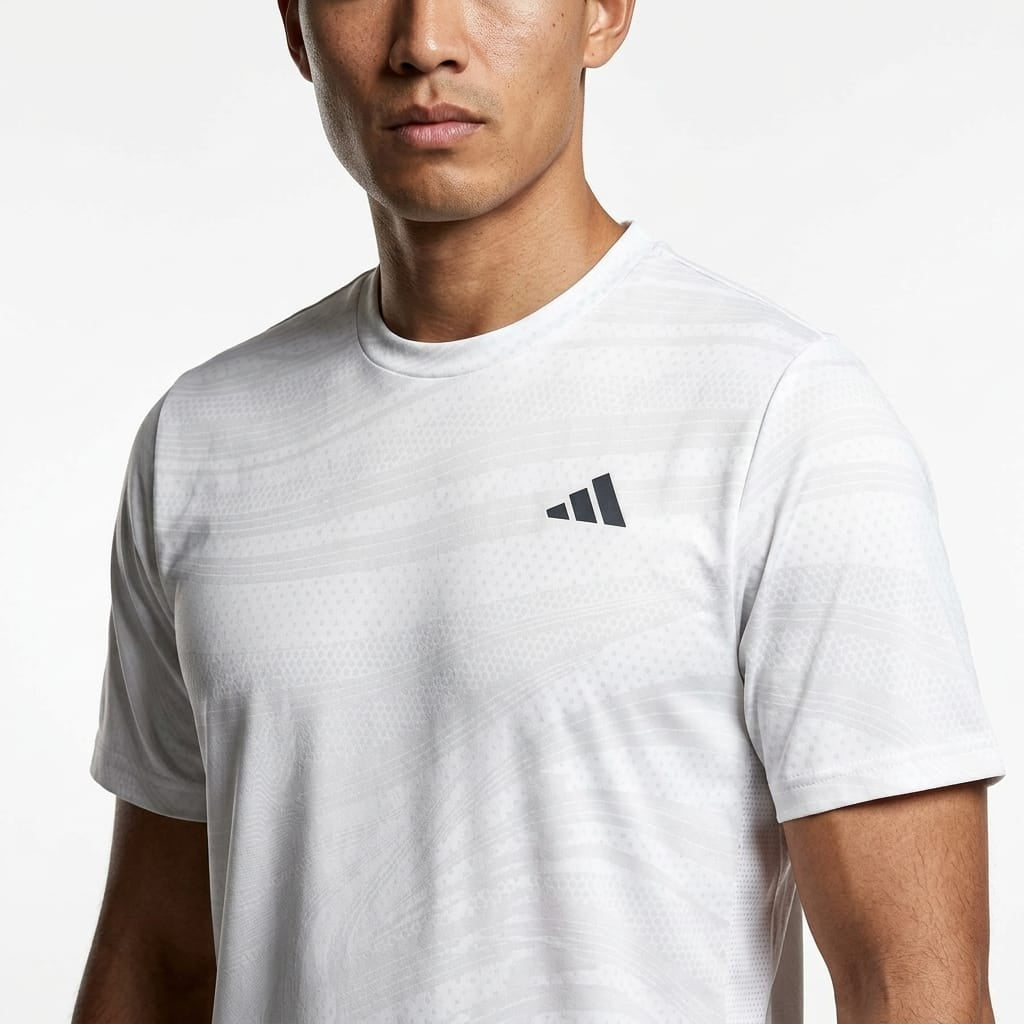 Adidas Mens Club Graphic Tennis T-Shirt in white with a subtle grey wavy pattern and a black logo on the chest, crafted from moisture-wicking recycled materials.