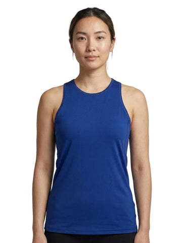 A woman with tied-back hair wears the adidas Women’s Club Tennis Tank Top in navy, made from recycled materials, and faces forward against a plain white background.