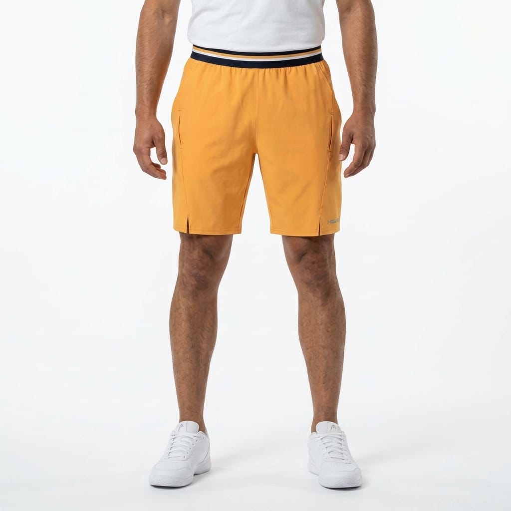 HEAD Performance Mens Tennis Shorts - Banana in yellow with a navy and white striped elastic waistband.