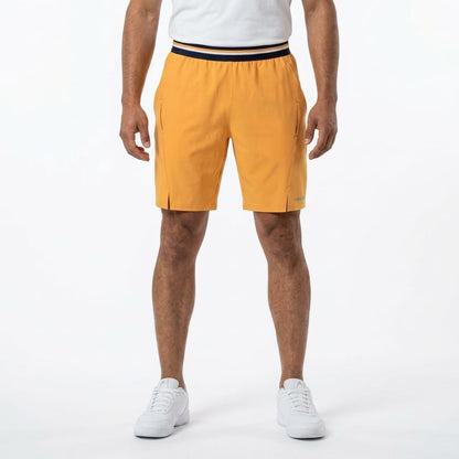 HEAD Performance Mens Tennis Shorts - Banana in yellow with a navy and white striped elastic waistband.