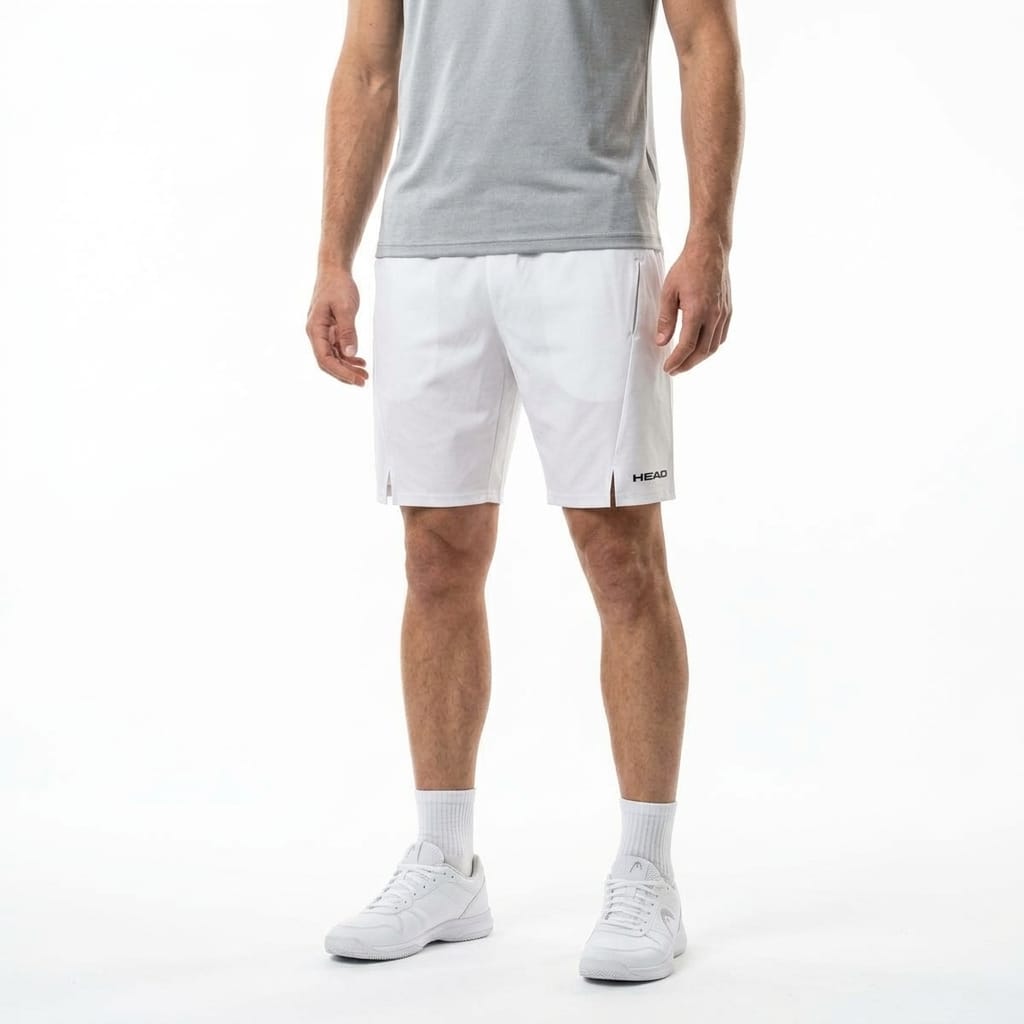 A person wears white HEAD Performance Mens Tennis Shorts with a logo on the left leg, paired with a gray t-shirt, white socks, and white sneakers.