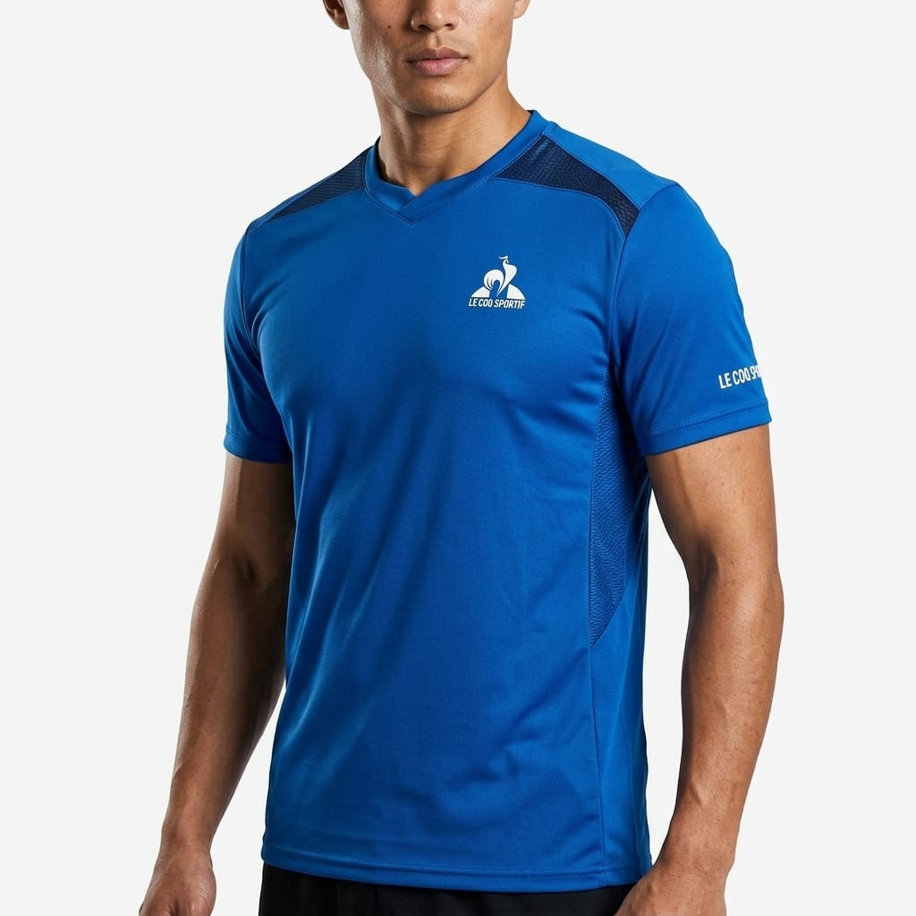 A man is wearing the Le Coq Sportif Pro Mens Tennis T-Shirt in Lapis Blue, featuring the “Le Coq Sportif” logo on the chest and left sleeve, while standing against a plain white background. This performance t-shirt from Le Coq Sportif offers a breathable fit, making it ideal for active play.