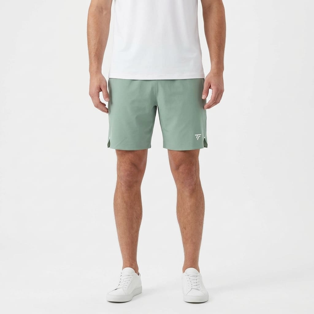 A person wearing a white t-shirt, Tecnifibre Team Stretch Men’s Tennis Shorts in sage green, and white sneakers stands against a plain white background.