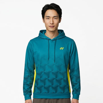 A man wearing the Yonex YHD7 Unisex Tennis Hoodie in teal stands facing forward against a plain white background.
