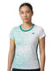 A person with long hair pulled back wears the Yonex YTL11 Women’s Tennis T-Shirt in white, a lightweight performance top by Yonex featuring short sleeves, teal geometric patterns, and yellow side accents, standing against a plain background.