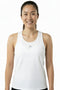 Smiling woman with dark hair tied back poses against a plain white background, wearing the HEAD Club 25 Tech Women’s Tennis Tank Top in white—a sleeveless design featuring a small gray HEAD logo on the front and a sporty racerback for enhanced comfort.