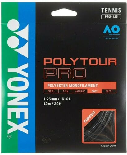 Packaging of Tennis HQ Choose Strings, featuring a blue and black design. Labels indicate it is a polyester monofilament with a diameter of 1.25mm and length of 12m/39ft. Various tension levels are highlighted. Made in Japan.