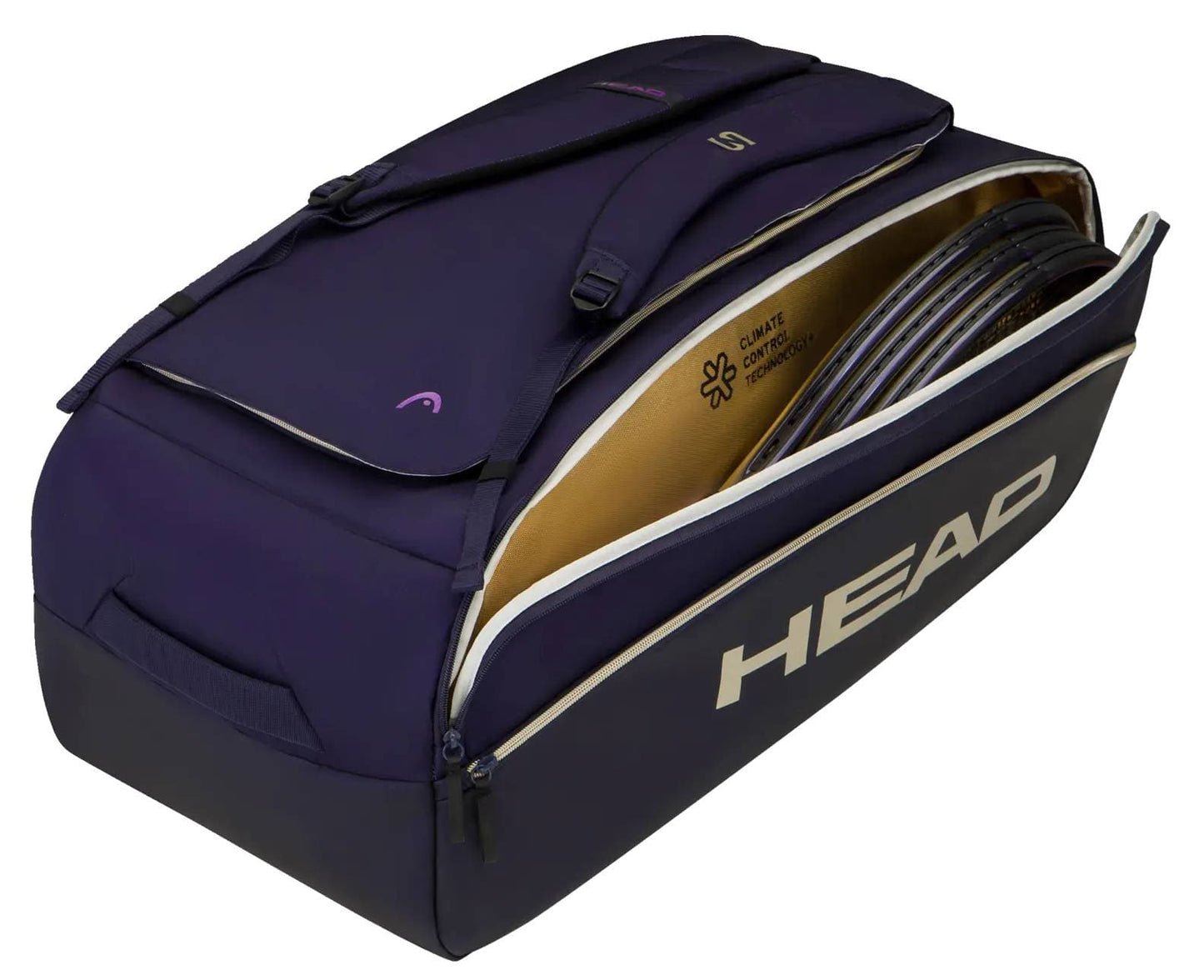 A navy HEAD Pro X Zverev LTD Tennis Duffle Bag L by HEAD with a side zipper open, revealing several tennis rackets inside. Inspired by Alexander Zverev, this duffle bag features comfortable shoulder straps and a bold “HEAD” logo displayed on the side.