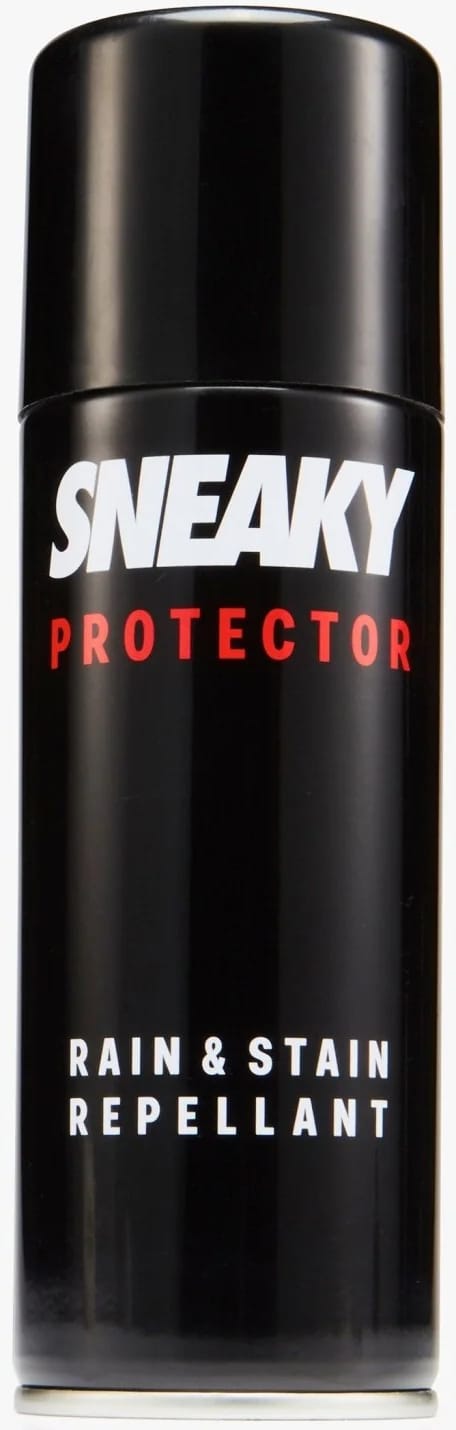 The Sneaky Spray Shoe Protection (200ml) by Sneaky comes in a sleek black can featuring bold white and red text on the front. This powerful water repellent spray delivers superior protection for your shoes, making it an essential sneaker protector to keep your footwear safe from rain and stains.