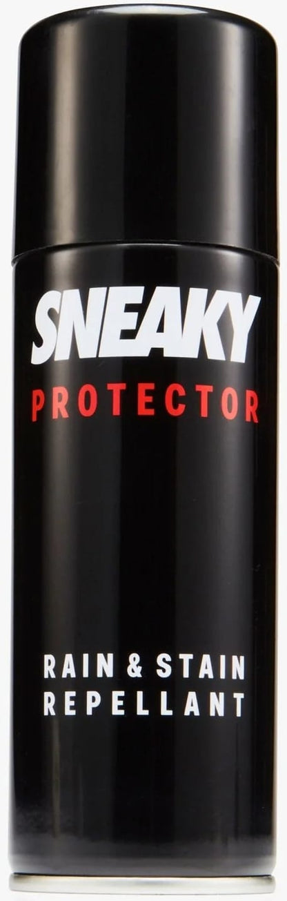 The Sneaky Spray Shoe Protection (200ml) by Sneaky comes in a sleek black can featuring bold white and red text on the front. This powerful water repellent spray delivers superior protection for your shoes, making it an essential sneaker protector to keep your footwear safe from rain and stains.