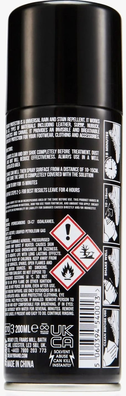 A black aerosol can labeled “Sneaky Spray Shoe Protection - 200ml” from the brand Sneaky features white text with instructions, warnings, and safety icons indicating flammability and pressurized contents. Formulated as a nano waterproof shoe protector, this spray delivers an extra shield for your footwear. Barcode and recycling symbols are displayed near the bottom of the can.