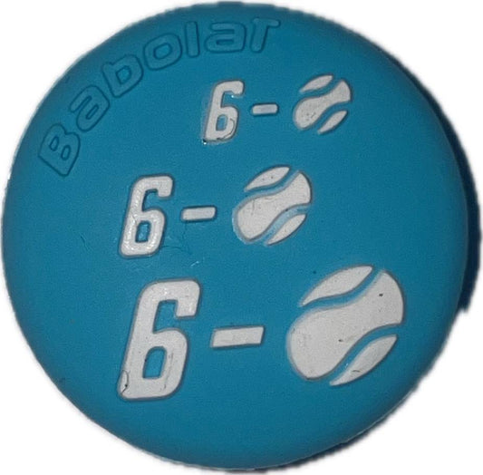 The Babolat Loony Damp Tennis Dampener - Blue by Babolat features three white "6–" scores with stylized tennis ball graphics for optimal vibration reduction.