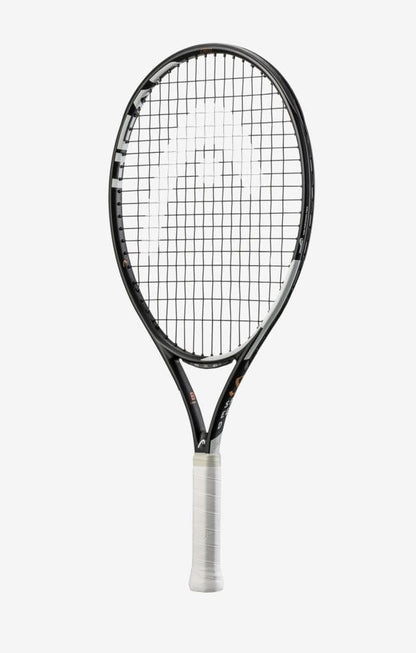 The HEAD IG Speed Junior 23 Tennis Racket in white and black is showcased against a simple white background. This junior racket features a lightweight graphite frame integrated with Innegra Technology, offering a sleek, contemporary design and a tightly woven string pattern for optimal performance.