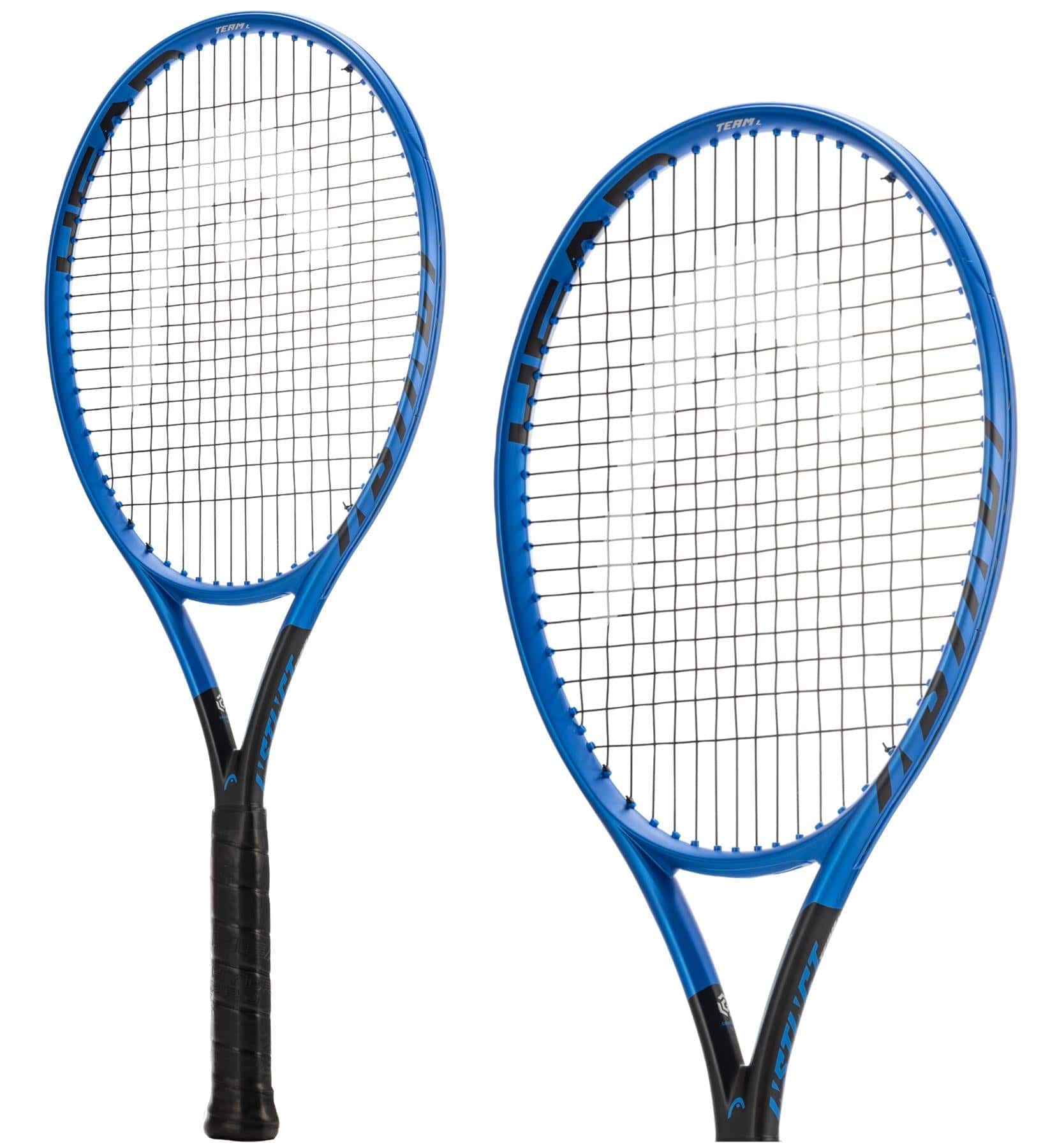 The image features two HEAD Instinct Team Lite 2022 tennis rackets in blue with black handles. One of the lightweight rackets is positioned upright, and the other is angled to the left. Both rackets incorporate Graphene 360+ technology, have a black string pattern, and display the brand name "HEAD" in white on their frames.