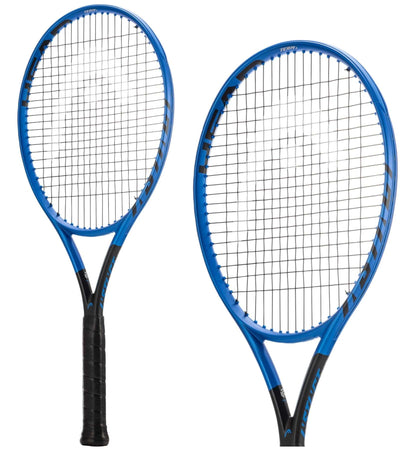 The image features two HEAD Instinct Team Lite 2022 tennis rackets in blue with black handles. One of the lightweight rackets is positioned upright, and the other is angled to the left. Both rackets incorporate Graphene 360+ technology, have a black string pattern, and display the brand name "HEAD" in white on their frames.