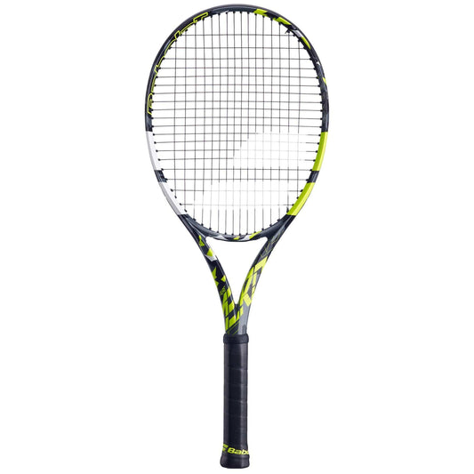 The Babolat Pure Aero + 2023 tennis racket showcases a bold grey and yellow frame, accentuated by its stringing and finished with a sleek handle. It's crafted by Babolat to be the ultimate spin machine, perfect against a clean white backdrop.