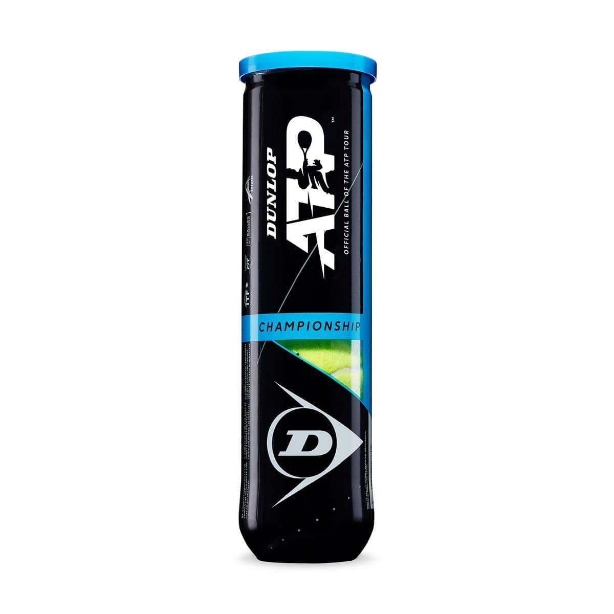 The black canister with a blue cap, labeled "Dunlop ATP Championship Tennis Balls - 3 Ball Tube," is designed to hold the ATP Championship Tennis Balls. It features a logo and graphic element that displays the green tennis balls inside, which are made with Durafelt HD Cloth for enhanced durability.