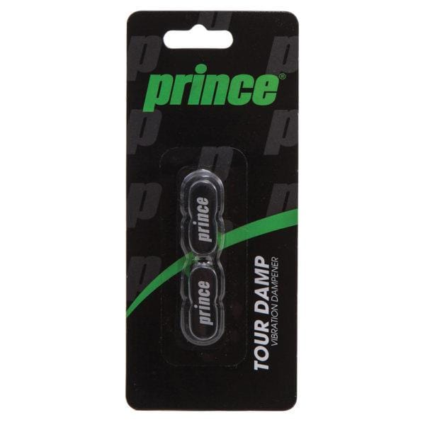 The Prince Tour Vibration Dampener - Black features a stylish black design with green and white text on the packaging. It prominently displays the distinguished Prince logo and product information, assuring improved gameplay when paired with premium tennis strings.