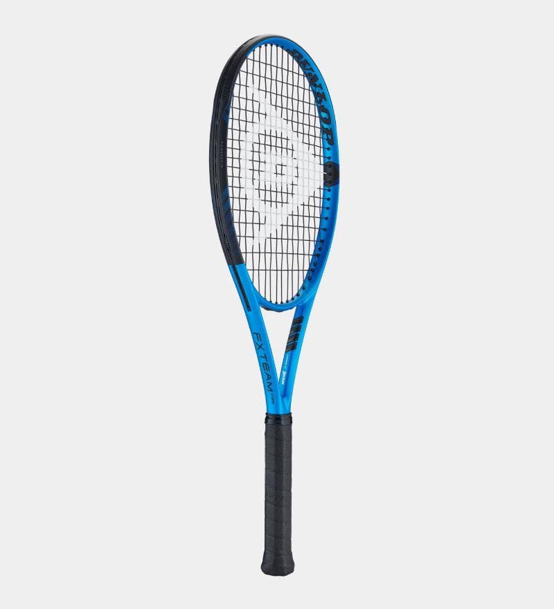 The Dunlop FX Team 285g Tennis Racket (Strung) stands upright against a plain background, ideal for the power game. The frame features the Dunlop brand logo and "FX" on the side, designed for intermediate to advanced players. It showcases a black grip handle and woven mesh face.