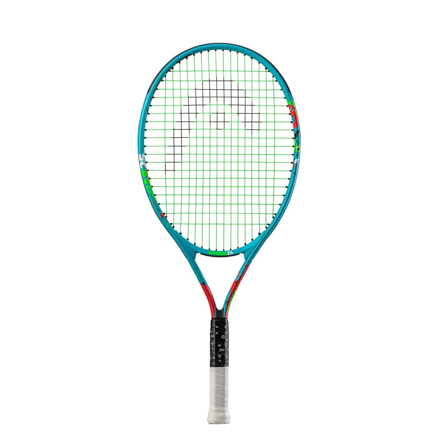 A HEAD Novak 25 Junior Tennis Racket, showcasing a blue frame, green strings, and a white handle grip is presented against a white background. Inspired by Novak Djokovic, it features a Damp+ insert for optimal play.