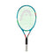 A HEAD Novak 25 Junior Tennis Racket, showcasing a blue frame, green strings, and a white handle grip is presented against a white background. Inspired by Novak Djokovic, it features a Damp+ insert for optimal play.