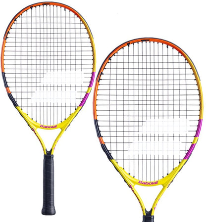 Two colorful Babolat Nadal Junior 23 Tennis Rackets - G00, featuring yellow, orange, and purple accents. The frames are equipped with black strings and grips, showcasing the "Babolat" brand on the throat. Ideal for young players, these rackets are displayed side by side against a white background.