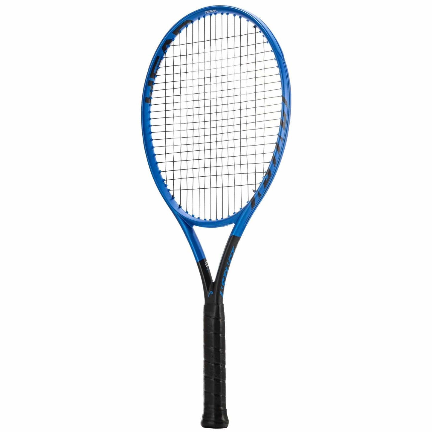 A HEAD Instinct Team Lite 2022 Tennis Racket in blue and black, designed with a mesh string pattern and enhanced with Graphene 360+ for optimal performance, is displayed against a white background. The handle is wrapped in black grip tape to ensure a secure hold.