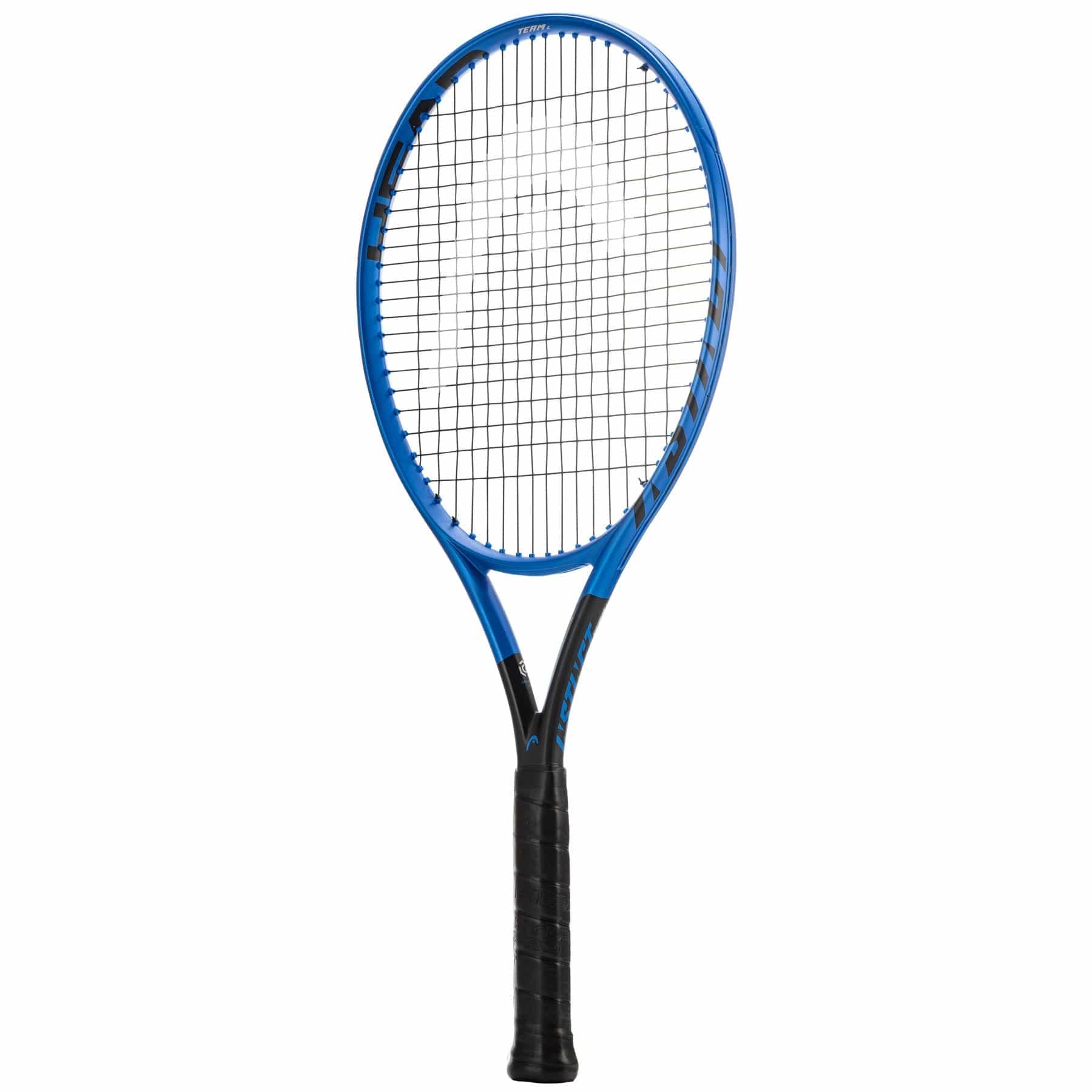 A HEAD Instinct Team Lite 2022 Tennis Racket in blue and black, designed with a mesh string pattern and enhanced with Graphene 360+ for optimal performance, is displayed against a white background. The handle is wrapped in black grip tape to ensure a secure hold.