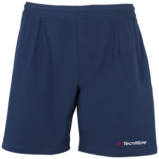 Experience style and performance with the Tecnifibre Mens Stretch Tennis Shorts in Marine Blue, showcasing a comfortable elastic waistband. The "Tecnifibre" logo is elegantly printed in white and red on the lower right leg.