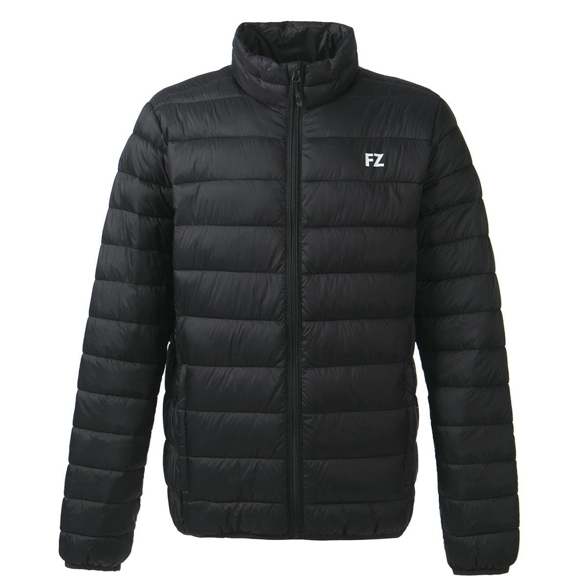 The FZ Forza Sinos Pro-Lite Jacket in black is a puffer that features down padding, complete with a front zipper and two side pockets. This lightweight garment showcases a discreet white "FZ" logo on the left chest, delivering both style and warmth.