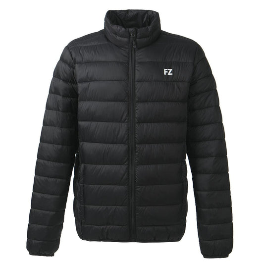 The FZ Forza Sinos Pro-Lite Jacket in black is a puffer that features down padding, complete with a front zipper and two side pockets. This lightweight garment showcases a discreet white "FZ" logo on the left chest, delivering both style and warmth.