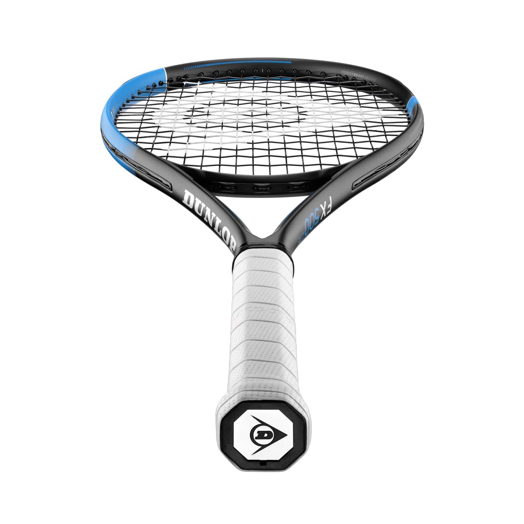 Close-up view of the Dunlop FX 500 Lite Tennis Racket - Black / Blue (Frame Only) from Dunlop, featuring a black and blue frame. The grip is wrapped in white tape to enhance Power Boost for each swing. The strings form a precise grid pattern, while the Sonic Core technology complements the visible Dunlop logo on the butt cap.