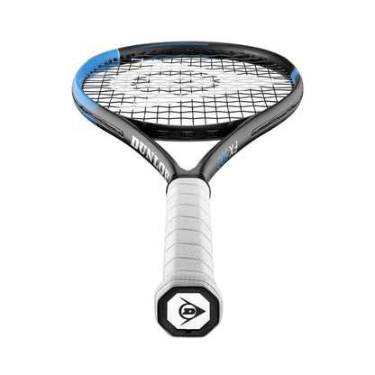 Close-up view of the Dunlop FX 500 Lite Tennis Racket - Black / Blue (Frame Only) from Dunlop, featuring a black and blue frame. The grip is wrapped in white tape to enhance Power Boost for each swing. The strings form a precise grid pattern, while the Sonic Core technology complements the visible Dunlop logo on the butt cap.