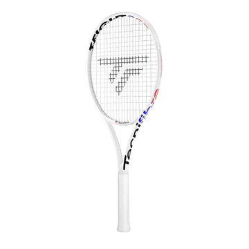 The Tecnifibre T-Fight 305 Isoflex Tennis Racket - White (Frame Only) is positioned vertically against a plain white background, featuring the iconic black and red Tecnifibre logo on the strings and frame. The grip is wrapped in white tape, while the frame is enhanced with subtle red and blue accents, providing dynamic control for every swing.