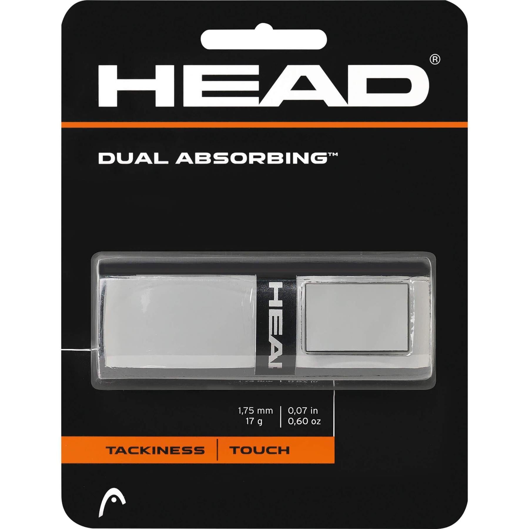 The packaging of the HEAD Dual Absorbing Replacement Tennis Grip - Grey features a modern black and white design that highlights its tacky texture and superior absorption. It is precisely detailed with specifications including a 1.75 mm thickness and a weight of 17 g, catering to players seeking exact measurements in millimeters and ounces.