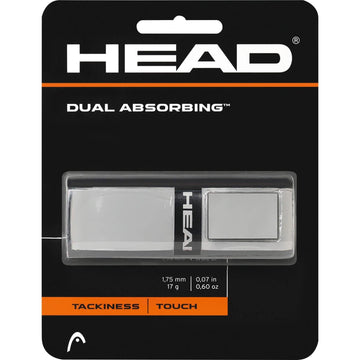 The packaging of the HEAD Dual Absorbing Replacement Tennis Grip - Grey features a modern black and white design that highlights its tacky texture and superior absorption. It is precisely detailed with specifications including a 1.75 mm thickness and a weight of 17 g, catering to players seeking exact measurements in millimeters and ounces.