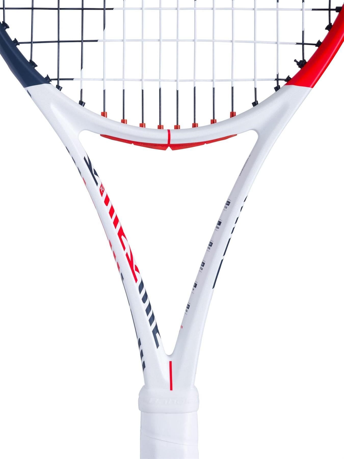Close-up of a white, red, and black Babolat Pure Strike Lite Tennis Racket, with emphasis on its strings and throat area. The brand name is prominently displayed on the handle, highlighting its advanced control technology.