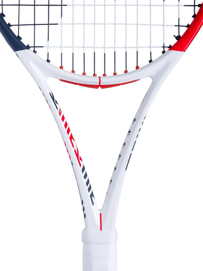 Close-up of a white, red, and black Babolat Pure Strike Lite Tennis Racket, with emphasis on its strings and throat area. The brand name is prominently displayed on the handle, highlighting its advanced control technology.