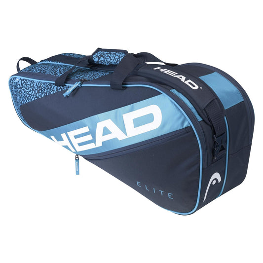 The HEAD Elite 6R Combi 6 Racket Tennis Bag in Blue/Navy prominently features the brand name in white and displays stylish blue patterns. This tennis bag includes multiple compartments and a durable carrying handle, providing a blend of style and functionality for players on the move.