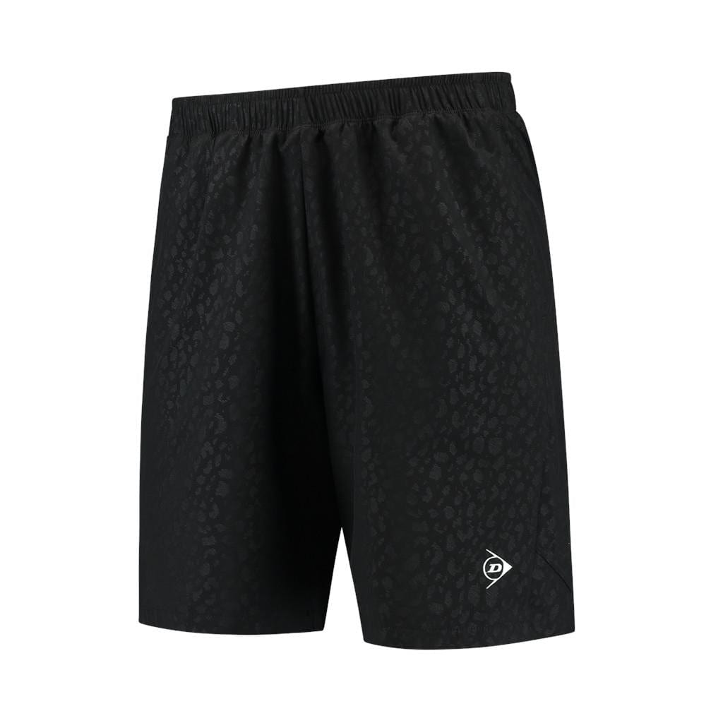 The Dunlop Performance Game Men's Tennis Shorts in black feature a subtle leopard pattern and an elastic waistband. Designed with moisture-wicking materials, these shorts proudly display the Dunlop logo in white on the right leg.